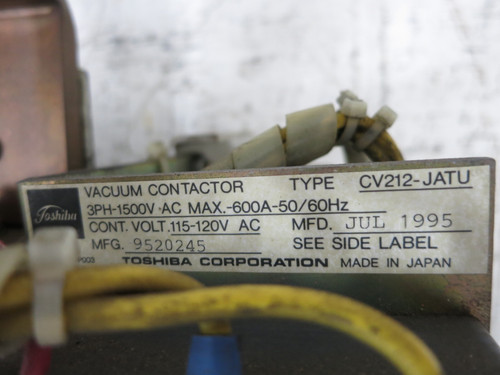 Toshiba CV212-JATU 600A 1500V 3PH Vacuum Contactor 90VDC Coil 600 Amp (DW6073-2)