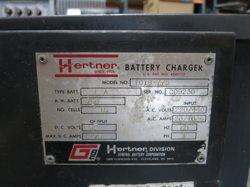 Hertner TD18-775 Battery Charger 220/440V - 36VDC 750AH 18 Cell L-A 175A (DW6162-1)