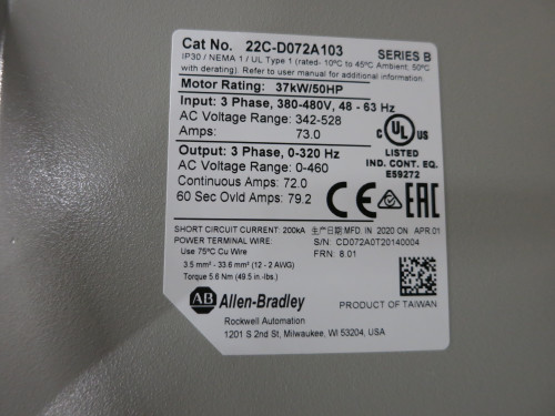 Allen Bradley 22C-D072A103 Ser B 50 HP PowerFlex 400 VS Drive 480V 72A (DW6228-1)
