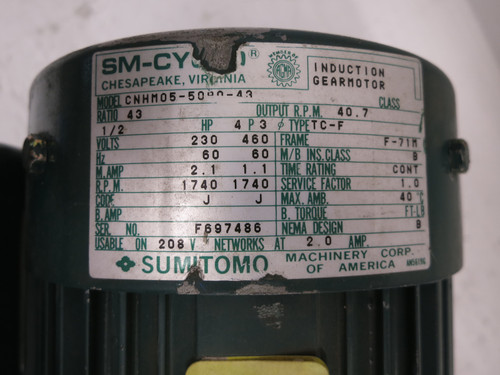 NEW SM-Cyclo CNHM05-5090-43 Gear Motor 1/2 HP 40.7 RPM Ratio 43 F-71M 230/460V (DW6343-1)