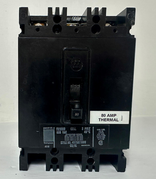 Westinghouse FB3080 80A Circuit Breaker 3 Pole 480/600V Type FB 80 Amp (EM5147-1)