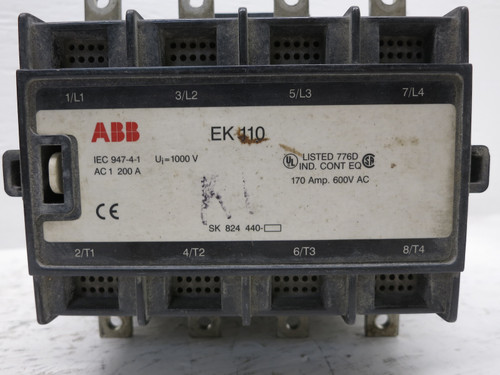 ABB EK-110 Motor Contactor 4-Pole 170 Amp 600V 24V-DC Coil 4P 170A EK110 DB (DW6359-11)
