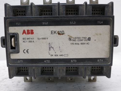 ABB EK-110 Motor Contactor 4-Pole 170 Amp 600V 24V-DC Coil 4P 170A EK110 DB (DW6359-11)