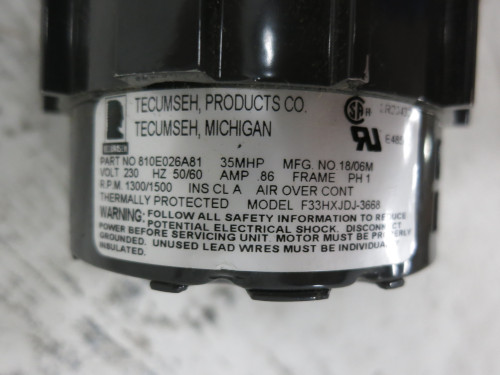 NEW Tecumseh 810E026A81 35 MHP 230V Refrigeration Fan Motor 1300/1500 RPM 18/06M (DW6448-1)