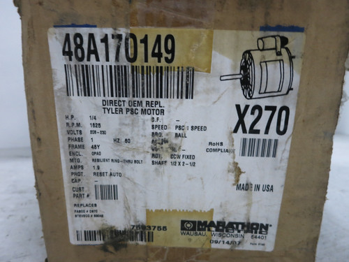 NEW Marathon X270 1/4 HP AC Motor 208-230V 1625 RPM 48Y EWK SC 48A170149 NIB (DW6449-2)
