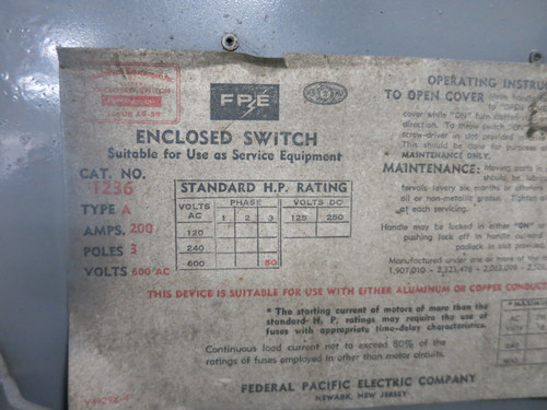 FPE T236 200A 600V Fusible Safety Switch Disconnect 200 Amp Federal Pacific (DW6499-1)