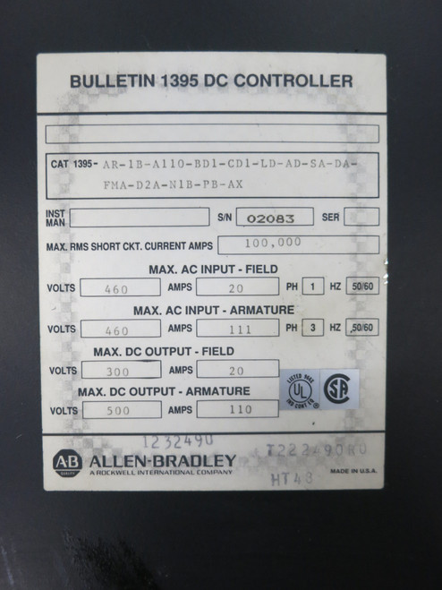 Allen Bradley 1395 Digital DC Drive Controller 460V In 300/500 Out 20/110A Servo (DW6508-1)