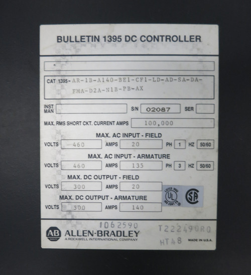 Allen Bradley 1395 Digital DC Drive Controller 460V In 300/500 Out 20/140A Servo (DW6509-2)