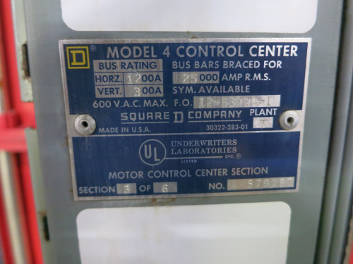 Square D Model 4 1200/300A MCC Motor Control Center 3x Section Main Breaker (DW6554-1)
