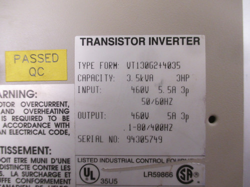 Toshiba VT130G2+4035 3HP Tosvert-130G2+ Transistor Inverter Drive 3.5 kVa (AH0010-1)