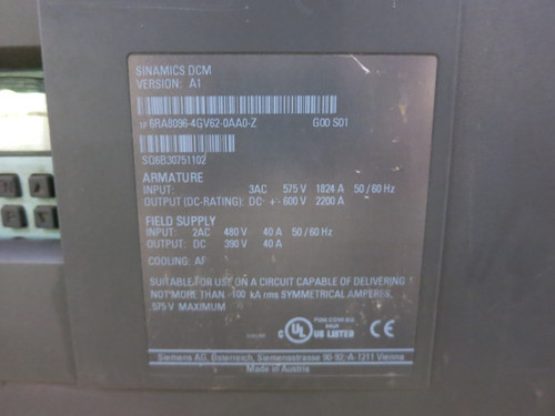 Siemens 6RA8096-4GV62-0AA0-Z Sinamics DCM 2200A DC Converter 4-Quadrant Drive (DW6567-1)