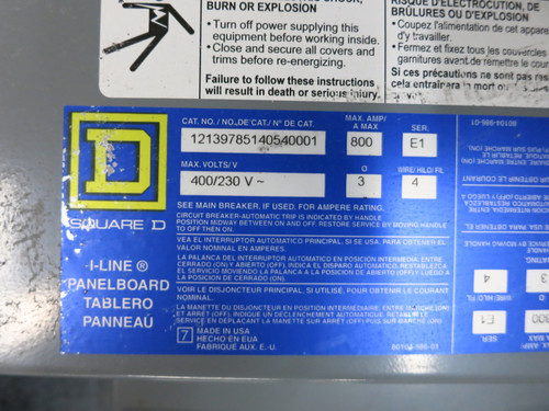 Square D 800A I-Line Panelboard 3PH 4W Main Lugs Panel 800 Amp MLO HC3273WP 3R (DW6610-2)