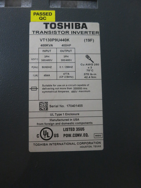 Toshiba VT130P9U440K 400 HP 480V P9 Transistor Inverter AC Speed VS Drive 400kVA (DW6628-1)