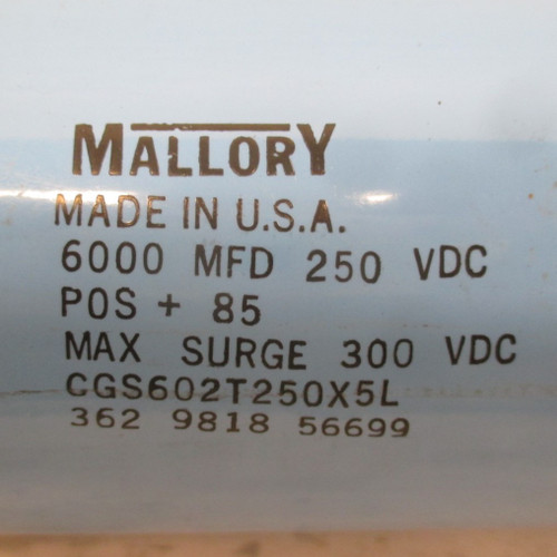 Mallory CGS602T250X5L Capacitor 6000 uF 250 VDC 300 VDC Max Surge POS + 85 (AH0120-69)