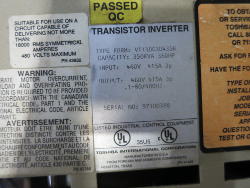 Toshiba VT130G3U435K 350 HP 460V G3 Transistor Inverter AC Speed VS Drive 350kVA (DW6648-1) Toshiba VT130G3U435K 350 HP 460V G3 Transistor Inverter AC Speed VS Drive 350kVA (DW6648-1)