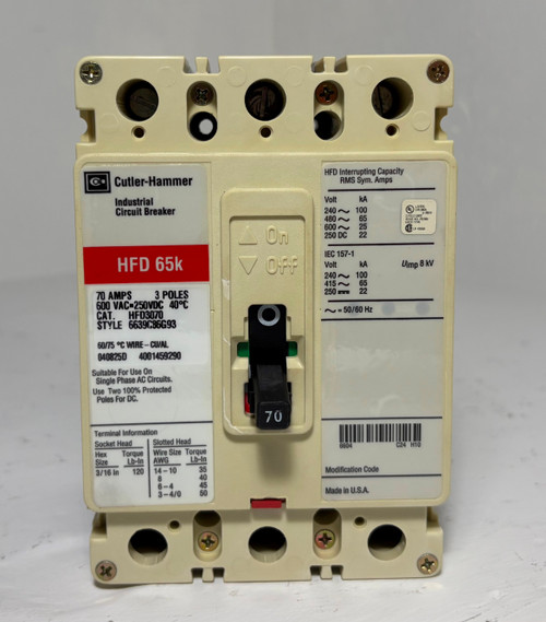 Cutler-Hammer HFD3070 70A Circuit Breaker Glossy Red 3P 480/600V HFD3070L 70 Amp (EM5287-1)