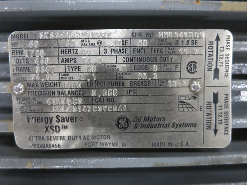 REBUILT GE X$D 60 HP AC Motor 460V 1780 RPM 364T TEFC KS 5KS364SS2009RZ 71.2A (DW6703-1)