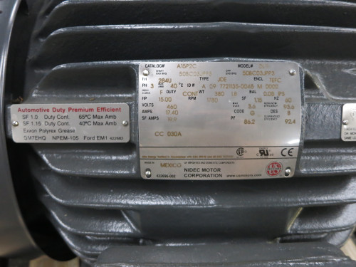 US Motors A15P2C 15 HP DL11 AC Motor 460V 1780 RPM 284U TEFC JDE 17.4A Nidec (DW6707-1) US Motors A15P2C 15 HP DL11 AC Motor 460V 1780 RPM 284U TEFC JDE 17.4A Nidec (DW6707-1)