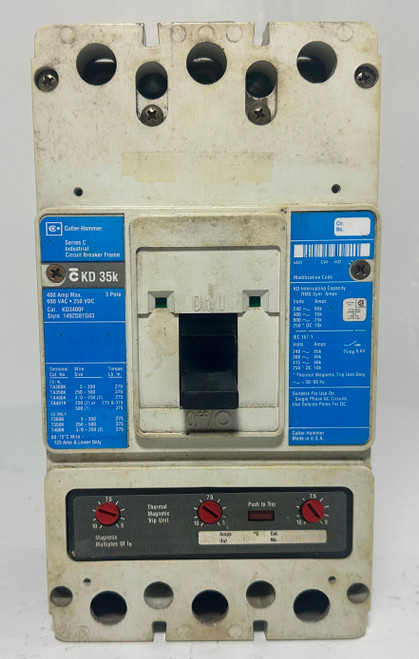 Cutler Hammer KD3400F 400A Circuit Breaker w/ 225 Amp Trip 480/600V 3P KD3225 (EM5274-1) Cutler Hammer KD3400F 400A Circuit Breaker w/ 225 Amp Trip 480/600V 3P KD3225 (EM5274-1)