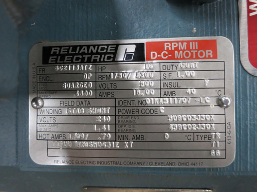Reliance 10 HP DC Motor 500V 1750/2300 RPM III SC2113ATZ DP 18A Type TR 10HP (DW6774-1)