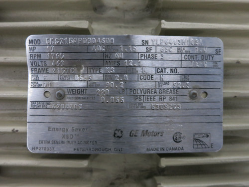 GE 10 HP AC Motor 460V 215TC TEFC 1765 RPM Type KS 21A 460 VAC Energy Saver X$D (DW6788-1)