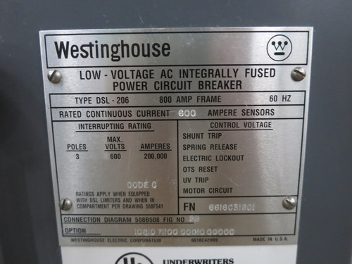 Westinghouse DSL-206 800/600 Amp Air Breaker Amptector I LSG Trip 800A DSL206 (DW6797-1)
