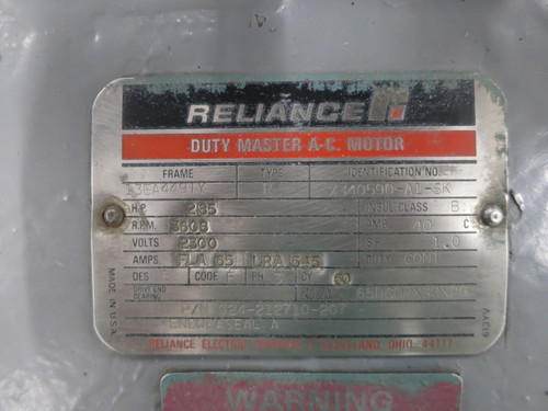 REBUILT Reliance 285 HP 2300V AC Motor Chiller 3600 RPM York YT CodePak 65 FLA (DW6802-1)