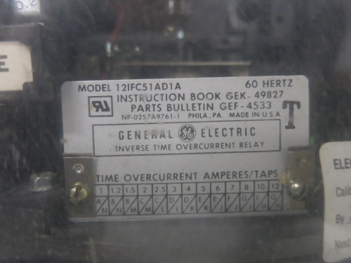 GE 12IFC51AD1A Inverse Time Overcurrent Relay Type IFC 60Hz 12-IFC-51-AD1A (DW6806-3)