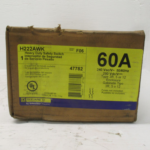 NEW Square D H222AWK F06 60A 3R Fusible Safety Switch Disconnect 240V 1PH 2P NIB (AH0307-1)