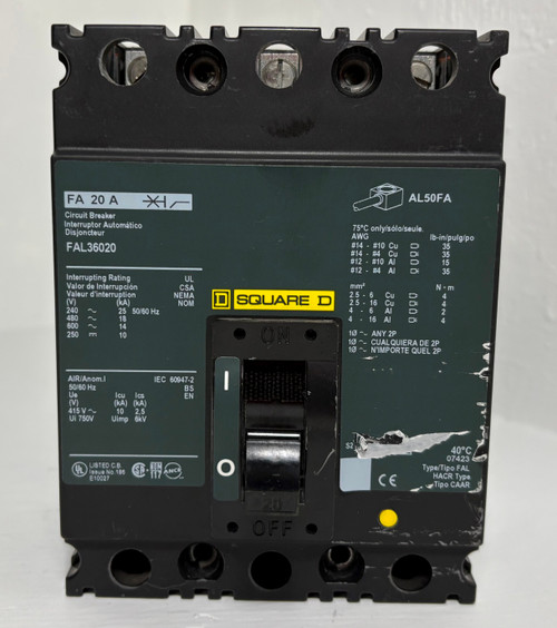Square D FAL36020 20A Circuit Breaker Green Label 480/600V FAL 3 Pole 20 Amp (EM5378-1)