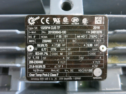 NEW NORD SK 132SP/4 CUS TF 7.5 HP AC Motor 230/460 w/ SK873.1 Gearmotor Reducer (DW6869-1)