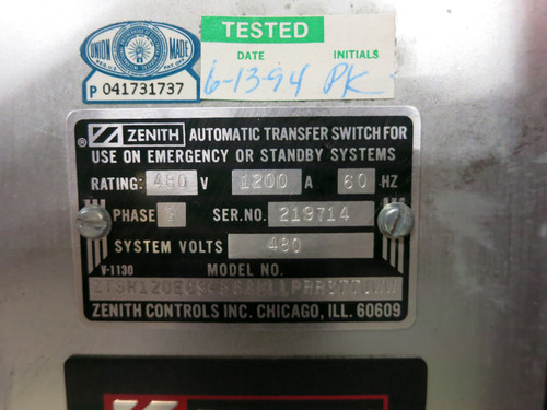 Zenith ZTSH120ECS 1200A Automatic Transfer Switch 480V 3PH 1200 Amp ATS ZTSH-120 (DW6881-1)