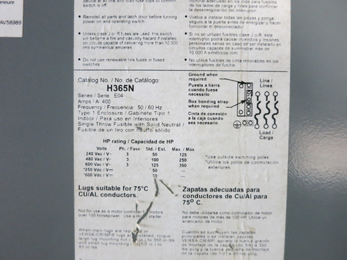 Square D H365N 400A 600V Fusible Safety Switch Disconnect 400 Amp H365-N E04 (DW6892-1)