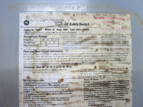 GE TH3325 400A 240V Fusible Heavy Duty Safety Switch 400 Amp Disconnect Mod 10 (DW6929-4)