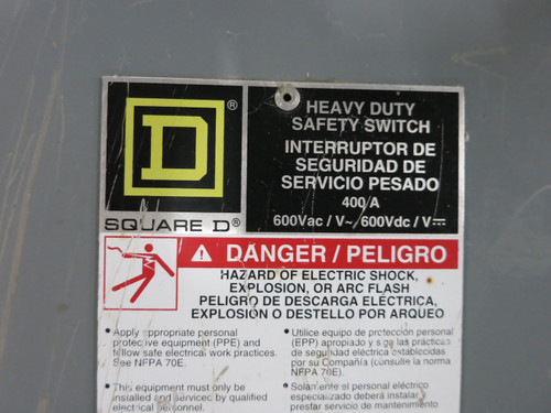 Square D H365NR 400A 600V Fusible Switch Disconnect 400 Amp H365 Outdoor 3R (DW6954-1)