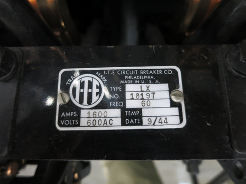 I-T-E LX 1600A Air Circuit Breaker 600V LX1600 1600 Amp 600 VAC LX1600A 18197 (DW6960-1)