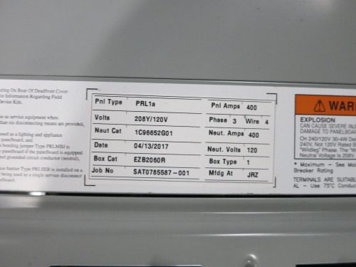 NEW Eaton PRL1a 400A 208/120V MLO Breaker Panel Board 3PH 4W 400 Amp 208Y (DW6988-1) NEW Eaton PRL1a 400A 208/120V MLO Breaker Panel Board 3PH 4W 400 Amp 208Y (DW6988-1)