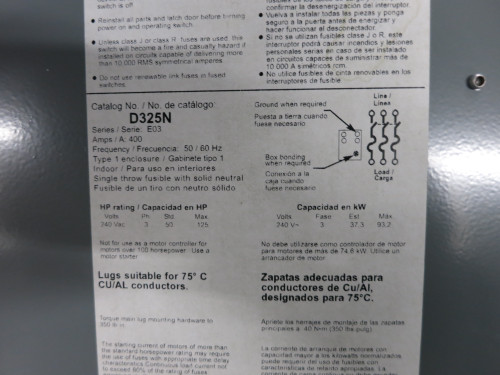 Square D D325N 400A 240V Fusible Safety Switch Disconnect 400 Amp D325-N E03 (DW6887-1) Square D D325N 400A 240V Fusible Safety Switch Disconnect 400 Amp D325-N E03 (DW6887-1)