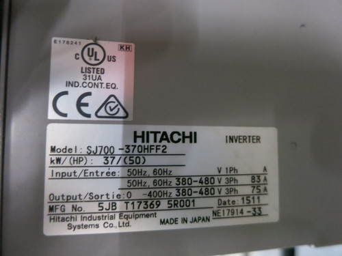 Hitachi SJ700-370HFF2 50 HP AC Transistor Inverter VS Drive 480V 75A 37kW 50HP (DW7024-1)