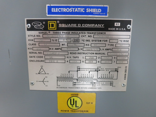 Square D 150 kVA 208 Delta - 208Y/120 V 3PH Dry Type Transformer 150T85HFIS 208V (DW7016-1)