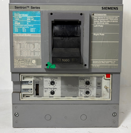 Siemens SND69100AG 1000A LIG Sentron Circuit Breaker w 1000 Amp Trip SND6 Ground (EM5429-1)