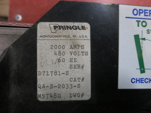 Pringle QA-B-2033-S 2000A 480V Bolted Pressure Contact Switch 2000 Amp QAB2033S (DW7069-1)