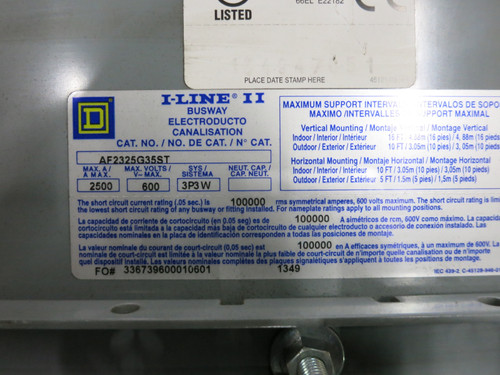 NEW Square D AF2325G35ST 2500A 600V I-Line II Busway Feeder 3PH 3W 2500 Amp 35" (DW7073-1)