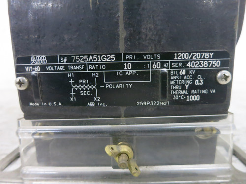 ABB 7525A54G25 VIY-60 Voltage Transformer Ratio 10:1 1200/2078Y 1200-120 (DW7078-1)