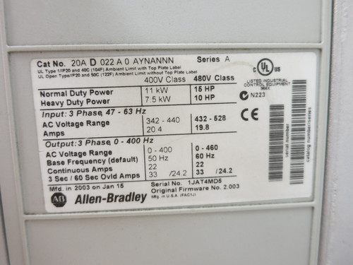 Allen Bradley 20AD022A0AYNANNN 15 HP PowerFlex 70 AC VS Drive 480V 15HP (DW7116-2)