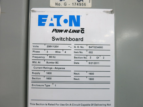 Eaton 1600A Pow-R-Line Breaker Panel Switchgear 3PH 4W PRLC QA1633 1600 Amp 208V (DW7115-1)