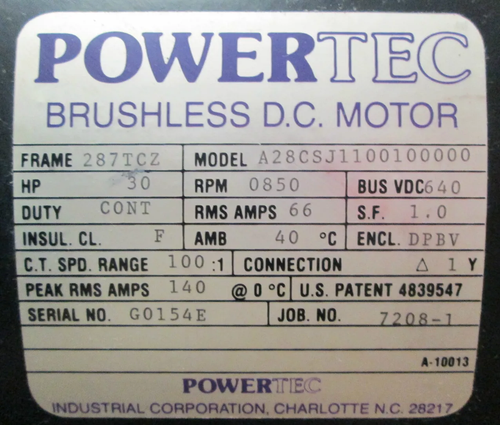 Powertec 30 HP DC Motor 287TCZ 640V 850 RPM DPBV Encl Brushless 640VDC 66A (PC0003-1)