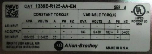 NEW Allen Bradley 1336E-R125-AA-EN 125 HP VS Drive 1336 IMPACT VFD 1336E DC In (PC0000-1)