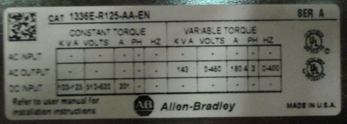 Allen Bradley 1336E-R125-AA-EN 125 HP VS Drive 1336 IMPACT VFD 1336E DC In (PC0001-4)