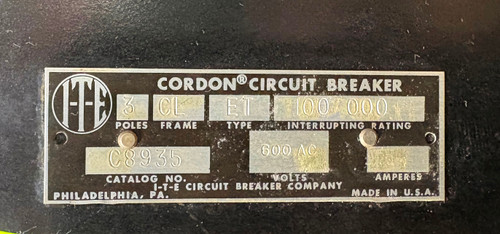 ITE C8935 400A Cordon Circuit Breaker CL Frame Type ET 600V 400 Amp I-T-E 3P (EM5460-1)